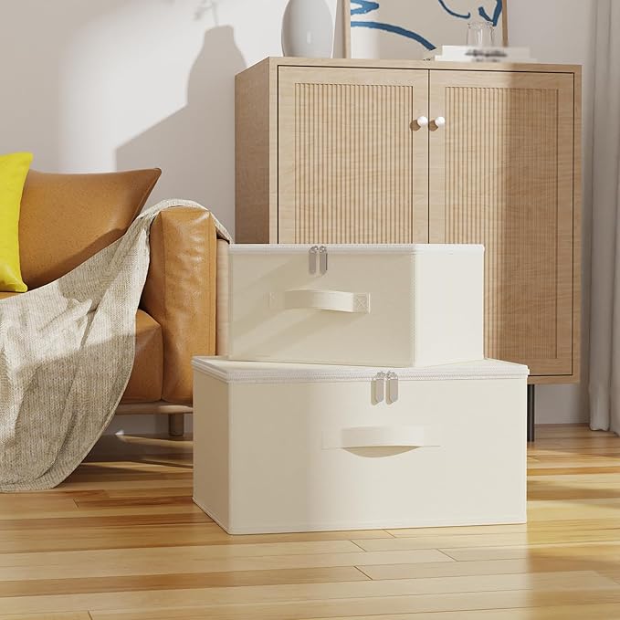 Storage Bins with Zipper, Cube Organizer Basket with Lid, Collapsible Stackable Closet Boxes, for Home and Bedroom, 1 Pack, Beige, 15.7 x 11.8 x 7.9 In, XSNY16BEL-1