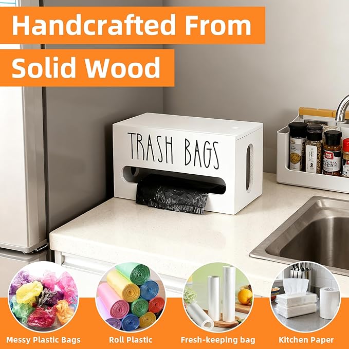 Trash Bag Dispenser, Double Wall Mounted, Wood Trash Bag Holder, used in kitchen, garage, laundry room, can store environmentally friendly food bags and garbage bags (White/Small)