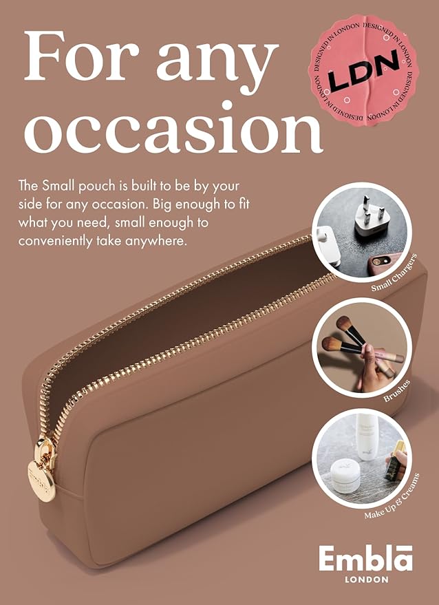 Embla Makeup Bag Travel Cosmetics Pouch and Toiletry Bag, Nylon Zipper Pouch Purse, Cute Make Up Organizer Storage Tote for Women Girls, Travel Skincare Case, Small Makeup Bags, Mocha Mousse