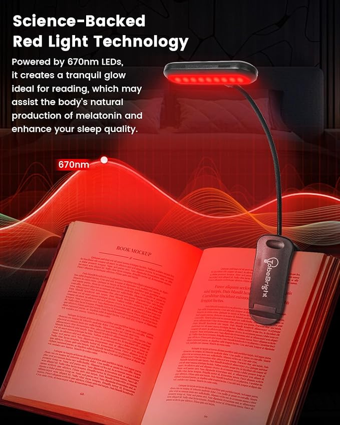 670nm LED Reading Light, USB-C Rechargeable Clip On Book Lights for Reading at Night, 100% No Blue-Light Eye Care Book Lamp, Gift for Kids, Travel, Learning