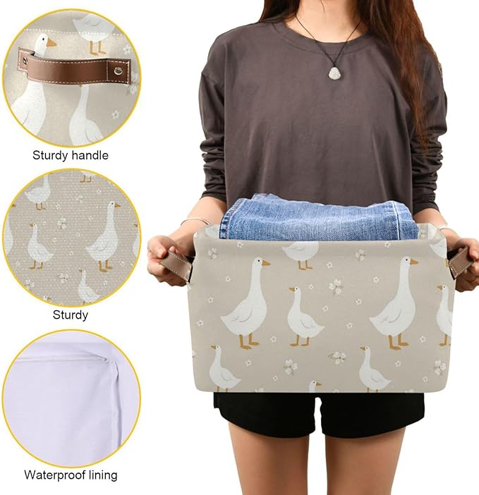 Aslsiy Storage Basket Cute White Gooses Nursery Bins Baby Box Canvas Clothes Shelf Basket Laundry Hamper Gift Basket for Home Closet 2 Pcs