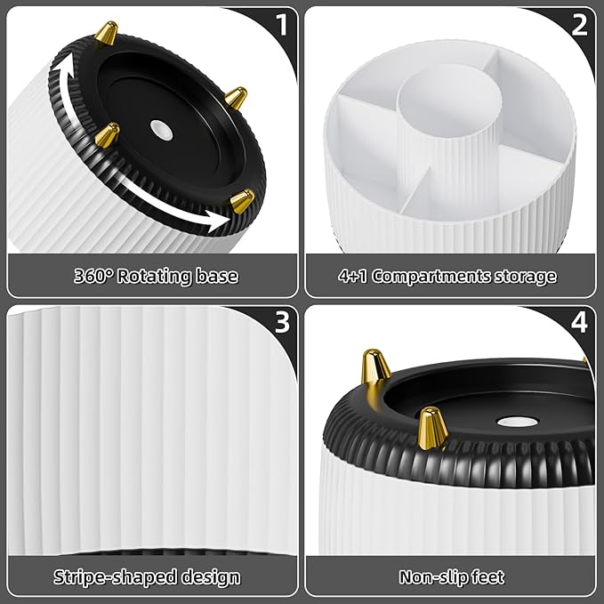 Marbrasse Desk Organizer, 360-Degree Rotating Pen Holder, Desk Organizers and Accessories with 5 Compartments Pencil Holder, Art Supply Storage Box Caddy for Office, Home (White+Black)