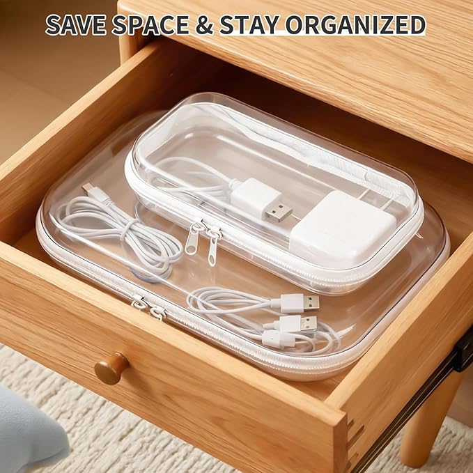 2PCS Clear Electronics Organizer Travel Case, Waterproof Tech Pouch, Cable Storage with 8 Wire Ties, Travel Portable Hard Shell Zipper Cases for Cord, Phone, Airpods, Mouse, Medium & Small