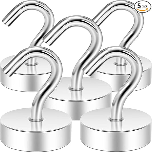 Neosmuk Magnetic Hooks, Cruise Ship Essentials, 40lb+ Heavy Duty Magnetic Hooks for Cruise Cabins, Refrigerator, Grill, Hanging, and Travel | Extra Strong Must-Have Magnet Hook, Silver, 5 Pack