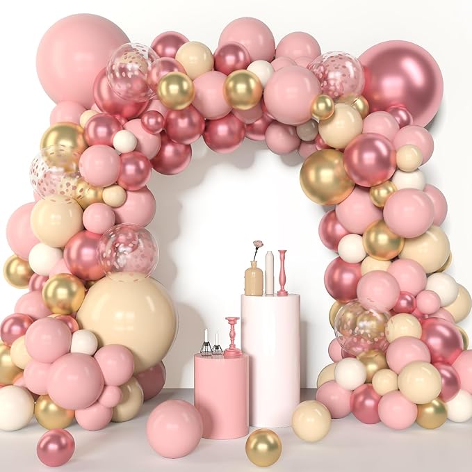 Amandir 153Pcs Boho Blush Balloon Garland Arch Kit, Double-Stuffed Nude Cream Peach Dusty Rose Pink Gold Confetti Metallic Balloon for Valentines Day Baby Shower Birthday Party Wedding Decorations