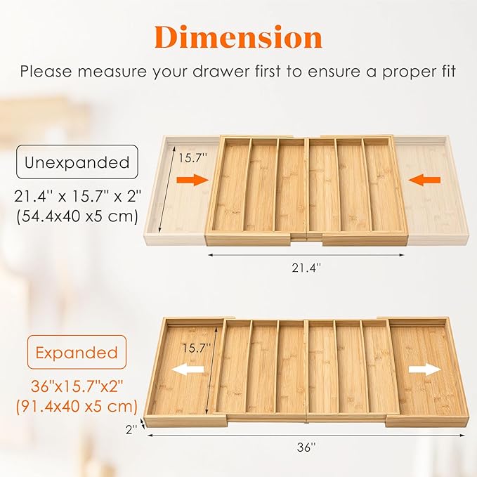 Kathfly Extra Large Drawer Organizer Kitchen Utensils Expandable 21.4 to 36 Inches Wid, Adjustable Bamboo Silverware Tray Cutlery Utensile Flatware Organizer Holder Drawer Divider for Spoons and Forks