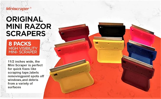 MINISCRAPER® Original Mini Scraper – 8 Pack | Safe Plastic Razor Blade Scraper for Stickers, Labels, Paint, Adhesive, Glass, Auto, Kitchen & Craft Use | USA‑Made, High‑Visibility Colors