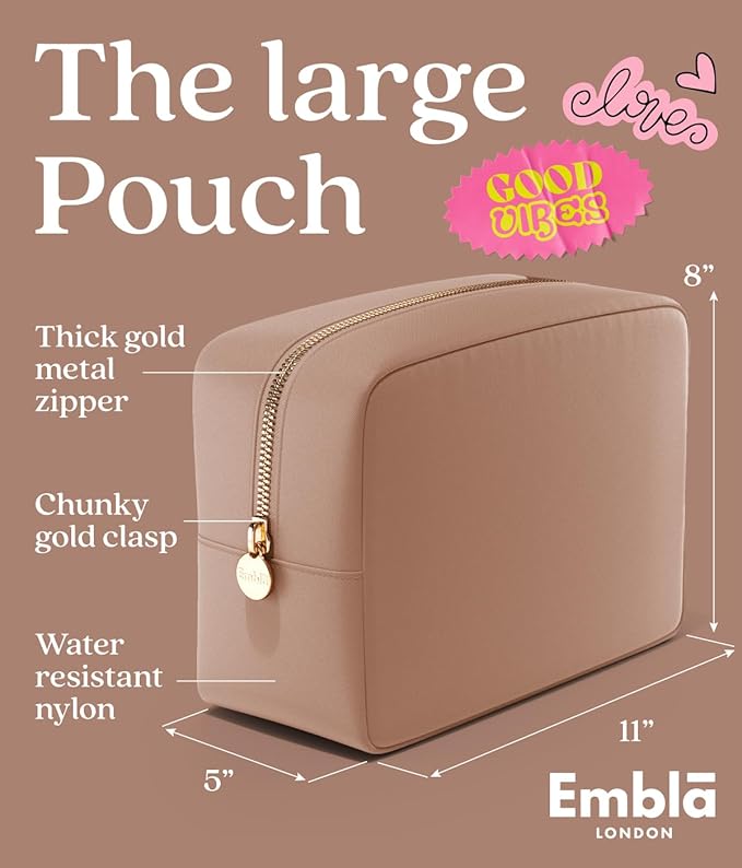 Embla Makeup Bag Travel Cosmetics Pouch and Toiletry Bag, Nylon Zipper Pouch Purse, Cute Make Up Organizer Storage Tote for Women Girls, Travel Skincare Case, Large Makeup Bags, Mocha Mousse