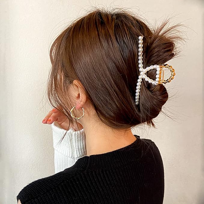 Vintage Metal Pearl Hair Clip, Imitation Pearl Hair Claw Clips Large Size, Hair Clasps Accessories for Women Lady Girls, 2 Pieces