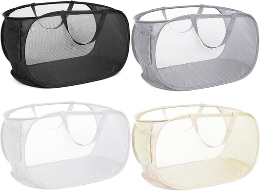 4 Pack Foldable Laundry Basket Hamper, Collapsible Laundry Baskets with Pocket, Mesh Pop Up Laundry Hamper, Clothes Hamper with Reinforced Handles for Laundry, Bathroom, Kids Room, Dorm or Travel