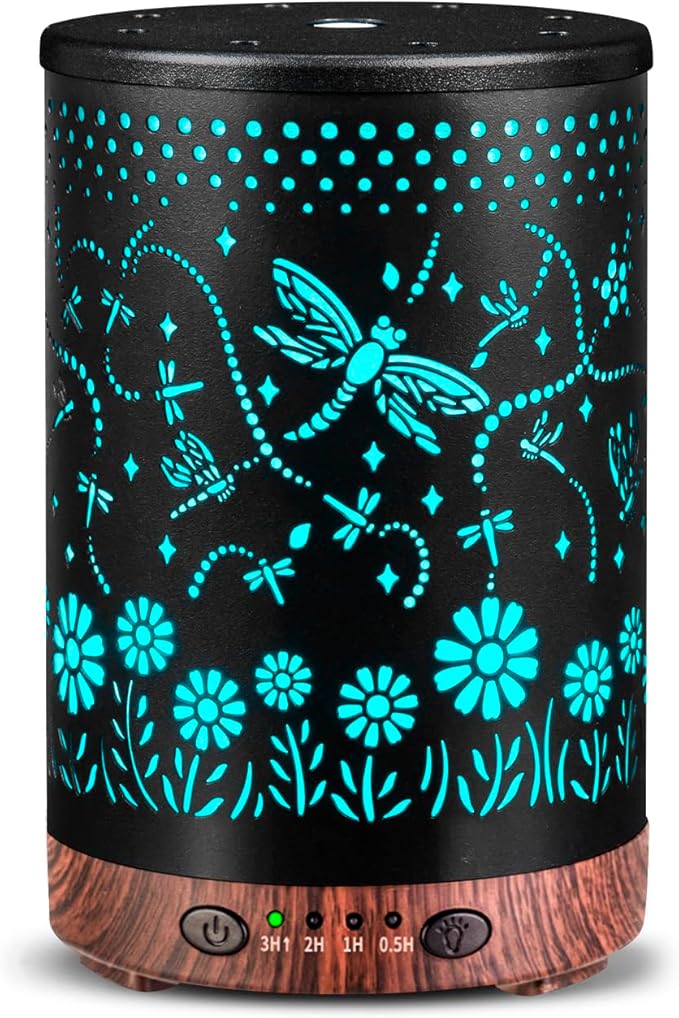 Essential Oil Diffuser 120ML Metal Aromatherapy Diffuser, Cool Mist Humidifier with Auto Shut-Off Protection 7 Color Lights for Home Office Spa (Dragonfly)