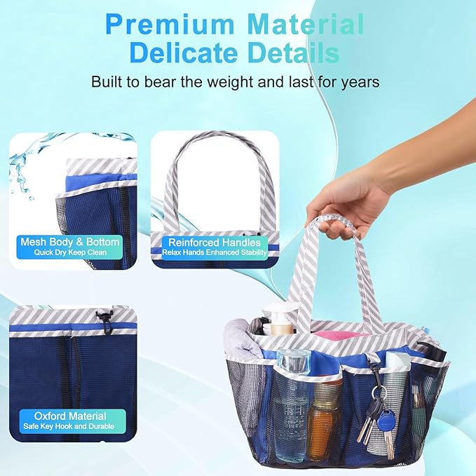 Haundry Mesh Shower Caddy Portable for College Dorm Room Essentials, Shower Caddy Tote with 8 Pockets Large Capacity, Shower Bag for Beach, Swimming, Gym, Dark Blue