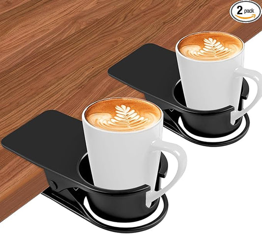 2PCS Drinking Cup Holder Clips, Kalolary Table Edge Cup Holder Clip Water Coffee Mug Holder Clip Desk Bottle Cup Stand Clip with Groove for Home & Office & Schoo (Black New)