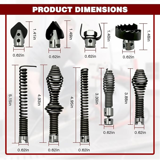 10 Pcs Drain Snake Drill Attachment Set - Drain Auger Cutter Kit Compatible with RIDGID K-400, C-4, C-6, C-7, C-8 & C-9 Drain Machines - Fits 5/8" Cable Heads, Heavy-Duty Drain Cleaning Tips