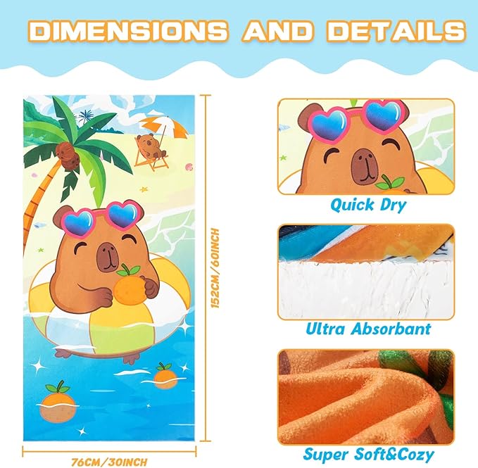 WERNNSAI Beach Towel for Kids, 30”x 60”Capybara Quick Dry Sand Free Kids Beach Towel for Girls Personalized Beach Towel Pool Camping Travel Towel Soft Beach Blanket Bath Shower Towel