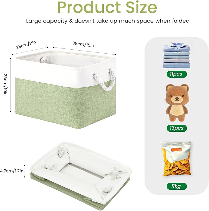 VQRTEXA Large Storage Baskets - 15x11x10 inch Storage Bins for Shelves and Closet Organizing, Foldable Fabric Bin for Home Organization Clothes and Laundry (1-Pack, White&Green)