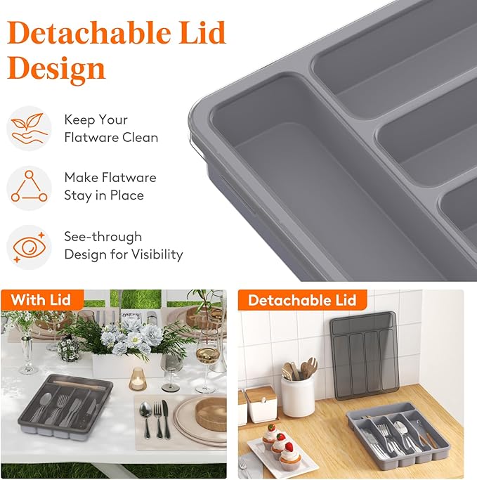Lifewit Silverware Organizer with Lid, Covered Utensil Tray for Kitchen Drawer and Countertop, Plastic Cutlery and Flatware Storage Box for Spoons Forks Knives Holder Case, 5 Compartments, Gray