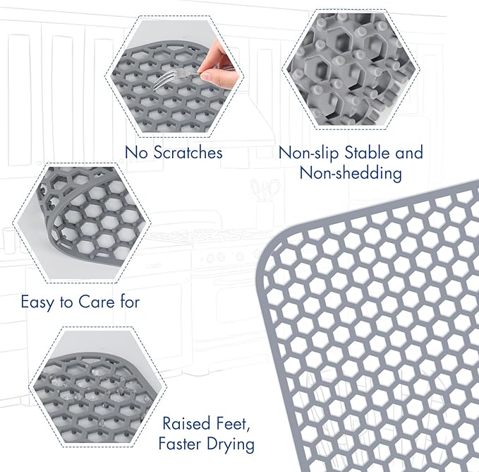 Silicone Sink Protectors for Kitchen Sink - 28.4"x 14.3" Kitchen Protector Mat Accessory, Non-Slip Heat Resistant Mat for Bottom of Farmhouse Porcelain Stainless Steel, Dishwasher Safe (Gray)