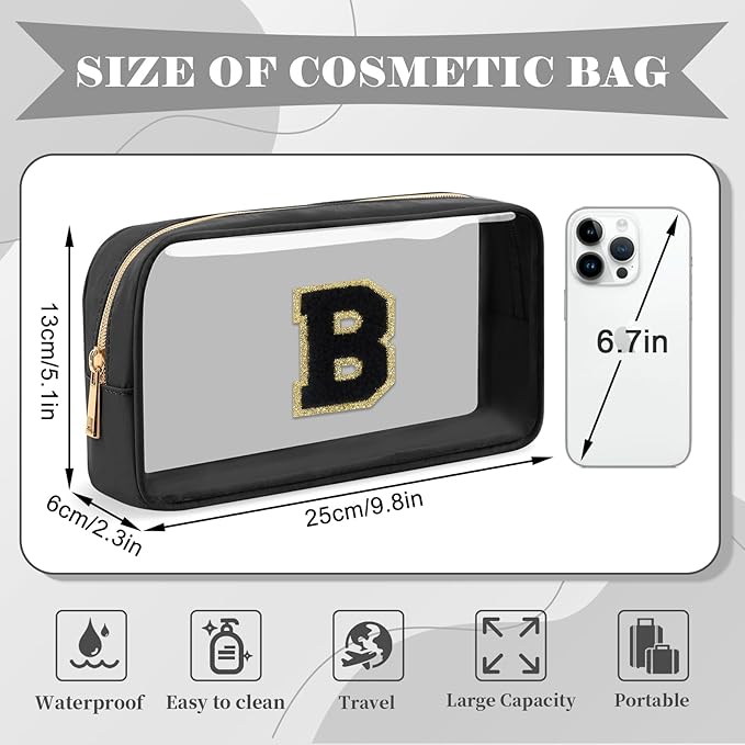 Personalized Initial Letter Clear Makeup Bag, Preppy Small Nylon & PVC Cosmetic Zipper Bag with Chenille Letter, Travel Skincare Toiletry Bag, Monogram Christmas Gift for Teen Girls Women, B