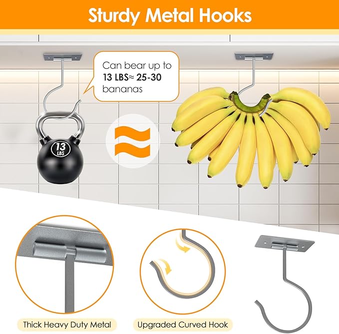 2PCS Self Adhesive Banana Hook Under Cabinet Foldable Banana Hanger Metal Under Counter Banana Hook to Keep Bananas Fresh Banana Holder for Kitchen RV Space Saving, Silver