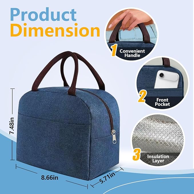 Lunch Bag for Women Men, 2 Packs Reusable Leakproof Lunch Tote with Thermal Lining, 6L Insulated Portable Lunch Box Cooler Bag for Work, Office, Picnic, Beach & Travel-Blue&Grey