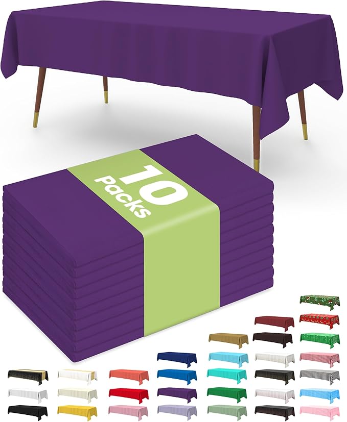 Pureegg Plastic Table Cloth Disposable 10 Pack, 54 x 108 Inch Table Cloths, Halloween Party Decorations, Summerween Decor, Halloween Tablecloths, Rectangle, Plastic Cover, Leakproof & Sturdy, Purple