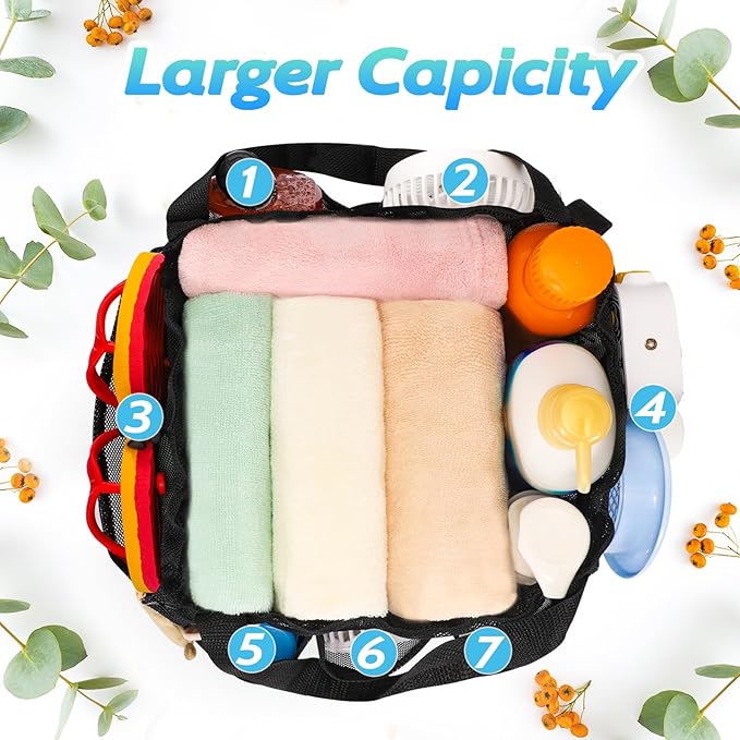Mesh Shower Caddy Portable with Drawstring, Dorm Room Essentials for College Students Boys & Girls, Larger Shower Bag for Camping, Swimming, Gym, Travel, Bathroom - Black