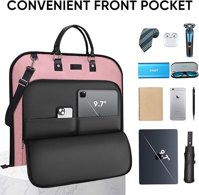 BALEINE Travel Garment Bag, Travel Suit Bag for Men, 42'' Waterproof Carry on Garment Bag for Hanging Clothes, Garment Duffel Bag for Travel Business (Pink)