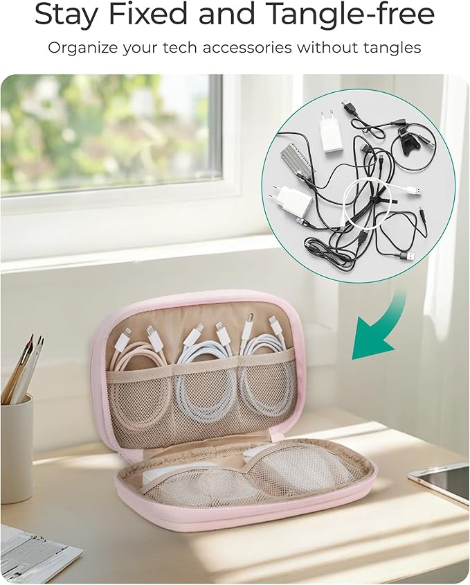 BAGSMART Cord Organizer Travel Cable Bag, Compact Tech Electronic Organizer Travel Case, Essentials for Charger, Cable, Phone, Flash drive, Double Layers (Pink)