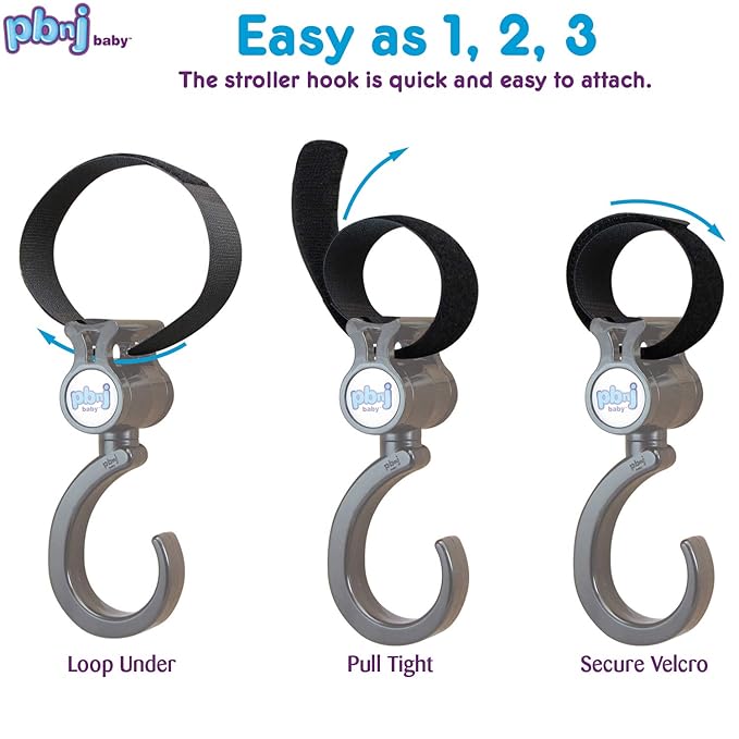 PBnJ Baby Stroller Hooks, 2-Pack Organizer Clips for Travel, Purses, Shopping, Diaper Bags