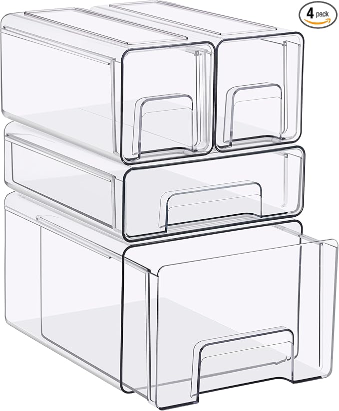 Sorbus Clear Stackable Storage Drawers, 4-Piece Set – 1 Large, 1 Medium & 2 Small Pull-Out Plastic Organizer Bins with Handles for Bathroom, Closet, Pantry, Cabinet & Medicine Storage