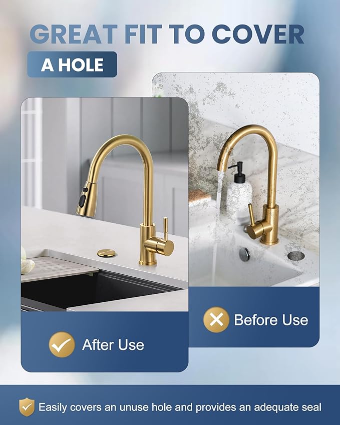 ARCORA Kitchen Sink Hole Cover: Premium Faucet Hole Plate Stopper Plug, Countertop Extra Hole Plastic Cap for Soap Dispenser Sprayer Tap, Brushed Gold