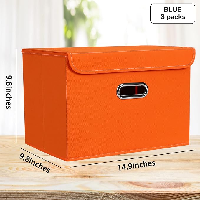 Linen Fabric Foldable Collapsible Storage Cube Bin Organizer Basket Fabric Storage Bins with Lid, Leather Handles, Removable Divider for Home, Closet, Orange