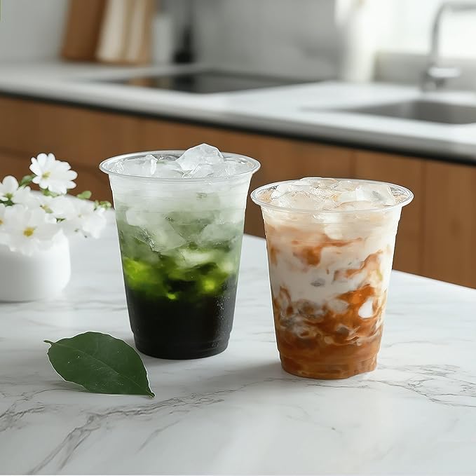 TashiBox 100 Count - 16 Ounce Plastic Cups, Ice Coffee Cups To Go - Crystal Clear PET Party Cups