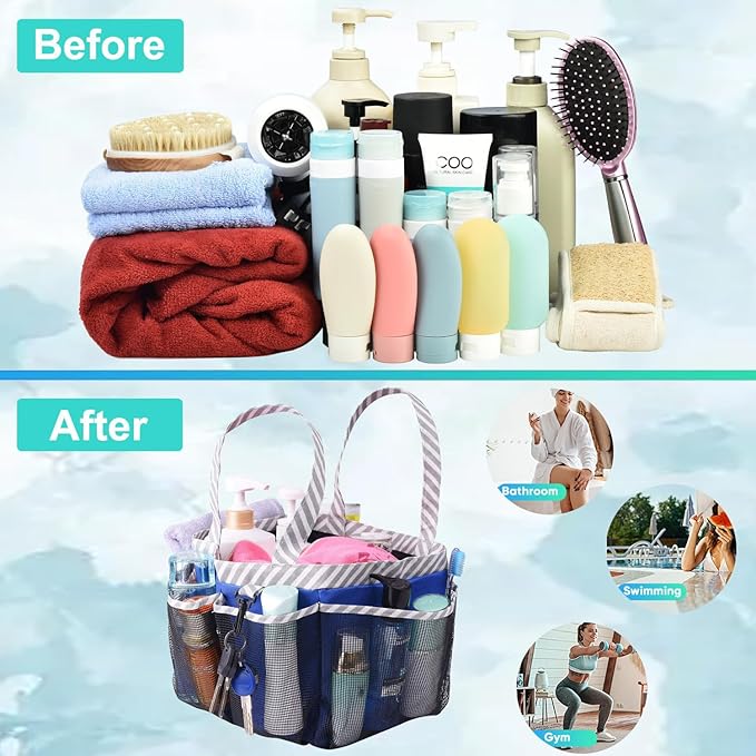Haundry Mesh Shower Caddy Portable for College Dorm Room Essentials, Shower Caddy Tote with 8 Pockets Large Capacity, Shower Bag for Beach, Swimming, Gym, Dark Blue
