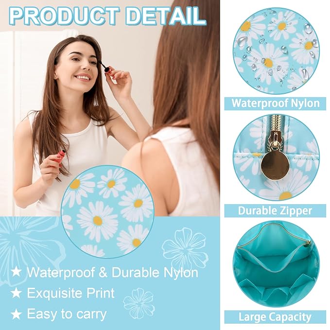 Waterproof Large Floral Makeup Pouch,Nylon Travel Toiletry Storage Purse Preppy Cosmetic Bag for Women Girl,Large Capacity Makeup Organizer Zipper Pouch for Work(L Blue-Daisy)