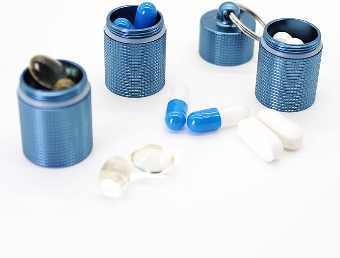 PPFISH Portable Daily Pill Case, 3 Compartments Anti-Skid Aluminum Alloy Waterproof Pill Box Dispenser, Small Pocket Pill Container, Keychain Pill Fob, Travel Pill Holder for Men Women