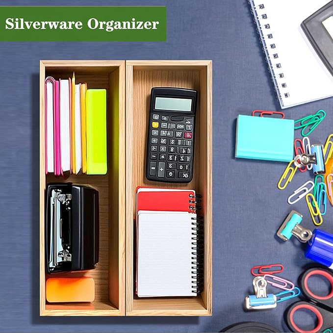 Bamboo Drawer Silverware Organizer, Flatware Organizers, Multi-purpose Bamboo Storage Box for Kitchen, Offices and Dressing table 11.5" x 3.15" x 1.8" (Set of 2)