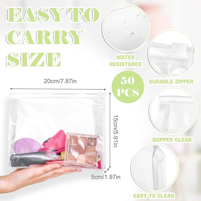 Xuniea 50 Pcs Mini Clear Makeup Bag Small Clear Zipper Pouch Travel Plastic Cosmetic Organizer Waterproof for Toiletries Swimsuit Bikini Bathing Suit(7.9'',Transparent)