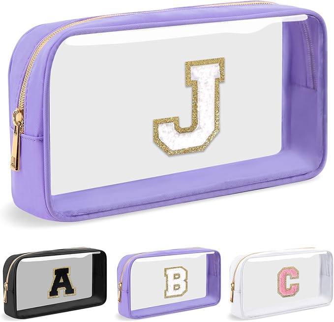 Personalized Initial Letter Clear Makeup Bag, Preppy Small Nylon & PVC Cosmetic Zipper Bag with Chenille Letter, Travel Skincare Toiletry Bag, Monogram Christmas Gift for Teen Girls Women, J
