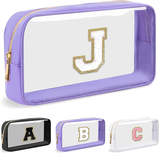 Personalized Initial Letter Clear Makeup Bag, Preppy Small Nylon & PVC Cosmetic Zipper Bag with Chenille Letter, Travel Skincare Toiletry Bag, Monogram Christmas Gift for Teen Girls Women, J