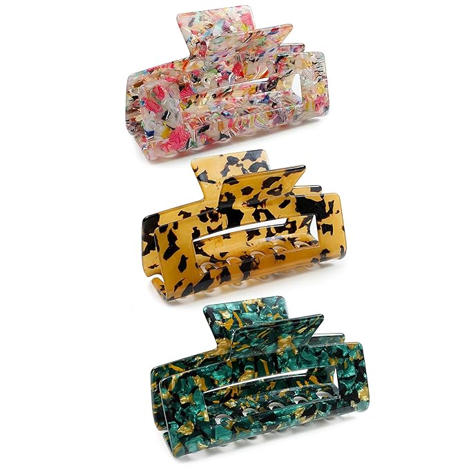 3PCS Large Hair Clips for Thick Hair, Cellulose Acetate Rectangle Claw Clips with Strong Hold, Non-Slip Hair Clips for Women, Stylish Hair Accessories (Tortoise Shell Leopard)