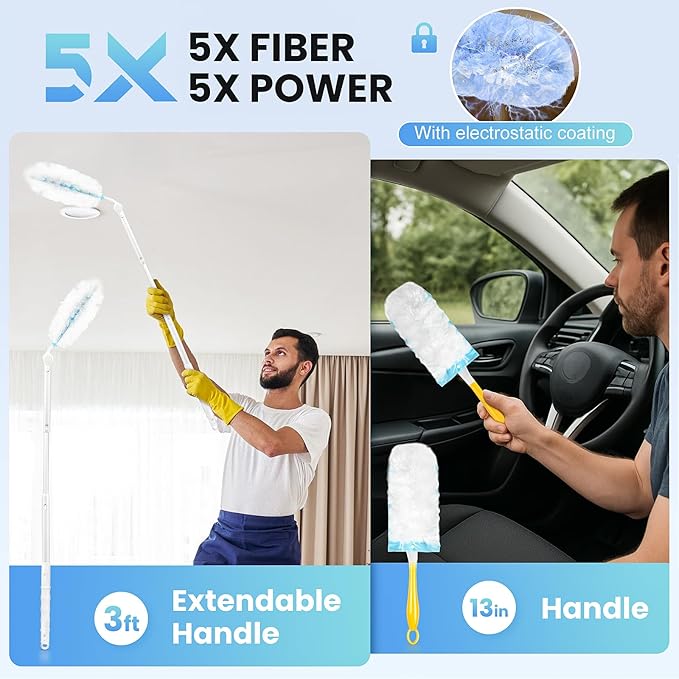 Bisenkud Duster Kit for Swiffer® Duster Refill: 50 Heavy Duty Refills + 2 Handles | 3X Grip & Static Tech | Car, Furniture & Electronics Dry Cleaning