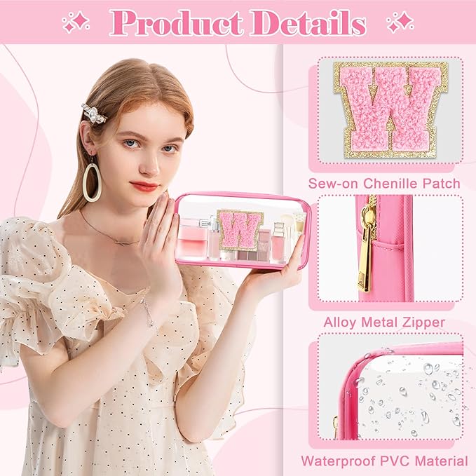 Personalized Initial Letter Clear Makeup Bag, Preppy Small Nylon & PVC Cosmetic Zipper Bag with Chenille Letter, Portable Beach Travel Skincare Toiletry Bag, Trendy Monogram Gift for Teen Girls Women, W