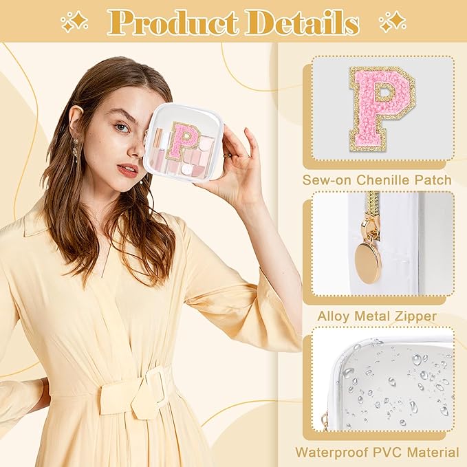 Personalized Initial Letter Clear Preppy Makeup Bag,Mini Nylon Chenille Letter Cosmetic Bag Cute Zipper Pouch Purse for Teen Girls,Portable TSA Approved Beach Travel Essentials Bag Gift for Women,P