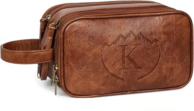 Travel Toiletry Bag for Men, Men's Shaving Bags for Toiletries, Men's Toiletry Travel Bag Leather, Personalized Travel Essentials, Birthday Gifts for Men, Brown- K