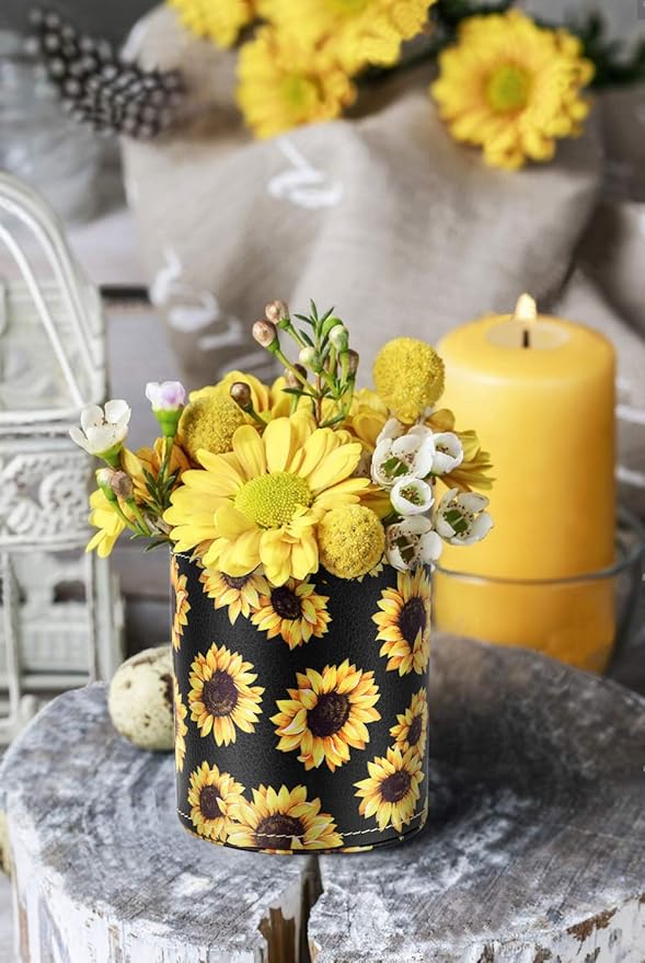 WAVEYU Pen Holder, Pencil Cup Desk for Women Girls, Luxury Makeup Brush Holder Large Pu Leather Multi-Functional Organizer Cup for Office, Classroom, Home, Sunflower