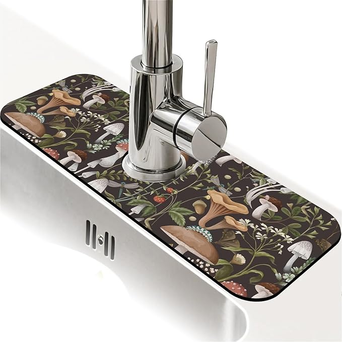Kitchen Sink Splash Guard, Bobo Mushrooms Faucet Mat Sink Gadgets - Super Absorbent Fast Drying Mat Drip Catcher for Kitchen, Bathroom, Sink Mat, Dish Drying Mat, Bathroom (15" X 5.5")