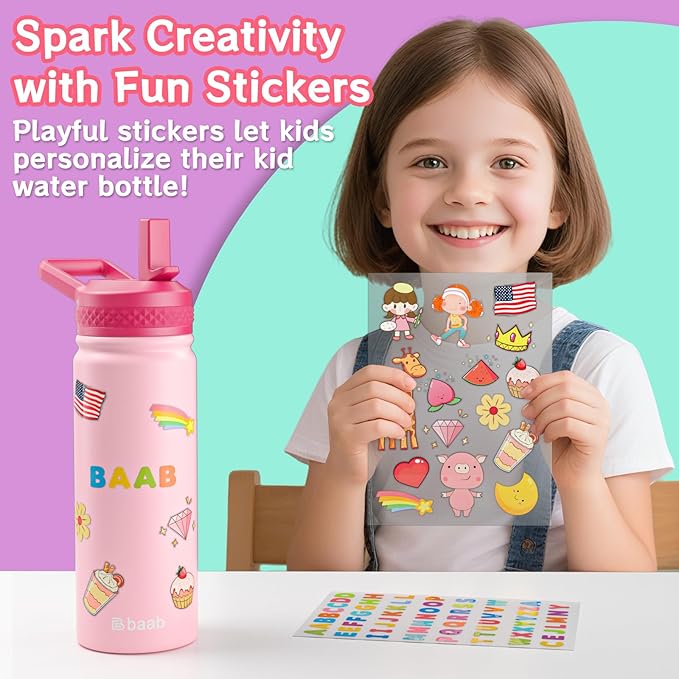 baab 18oz Kids Water Bottle, Insulated Water Bottle with Straw & Stickers, 18/8 Stainless Steel Vacuum Leakproof Kids Water Straw Cup for School, Perfect for Boy Girl (Rose Pink, 1 Pack)