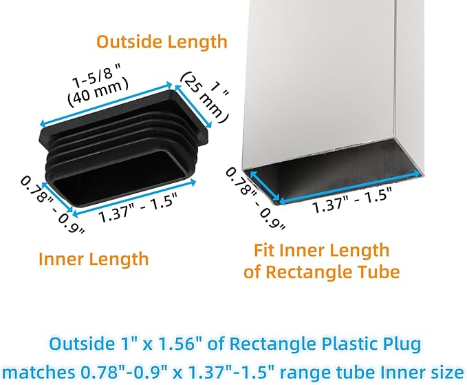 1" X 1-1/2" Rectangle Plastic Plugs Tubing End Caps Chair End Caps 1 X 1.6 Inch Outside Tubing Caps Furniture Sliders Glides Black (Fit 0.78-0.9" X 1.37-1.5" Rectangle Tube Inner Size, 24P)